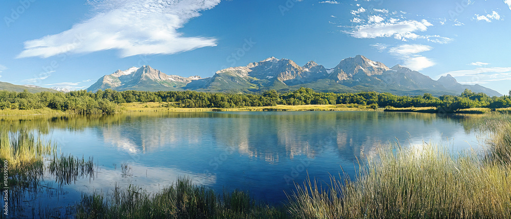 Obraz premium Calm Waters and Towering Mountains: A Horizon That Inspires, Perfect for Background or Wallpaper