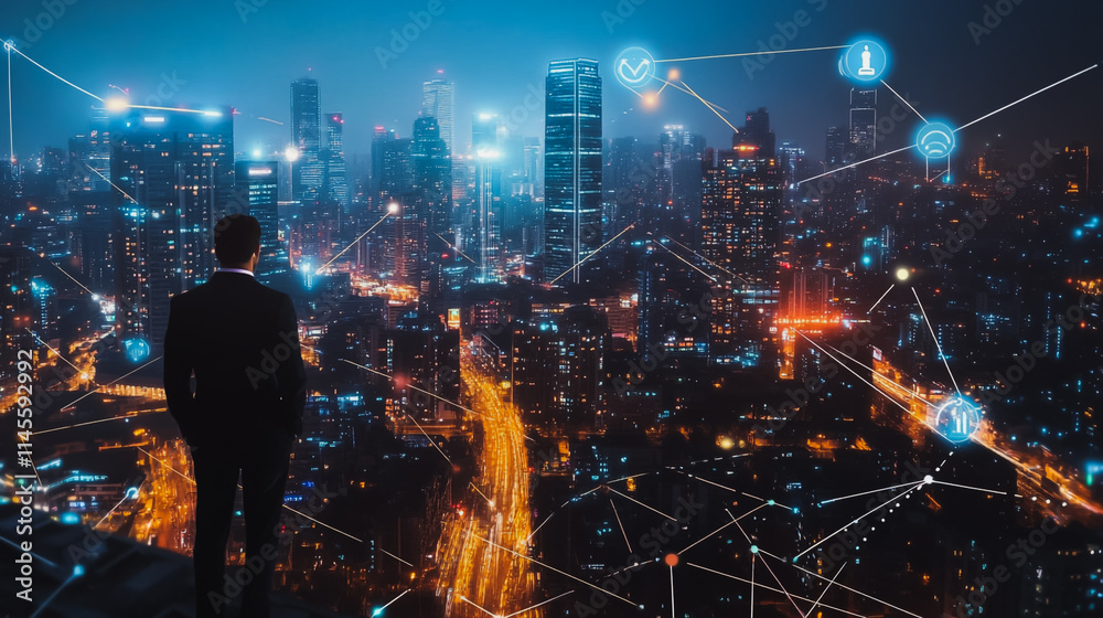 Fototapeta premium Smart digital city with connection cyber security network reciprocity over the cityscape . future smart wireless digital city and social media networking systems that connects people within the city