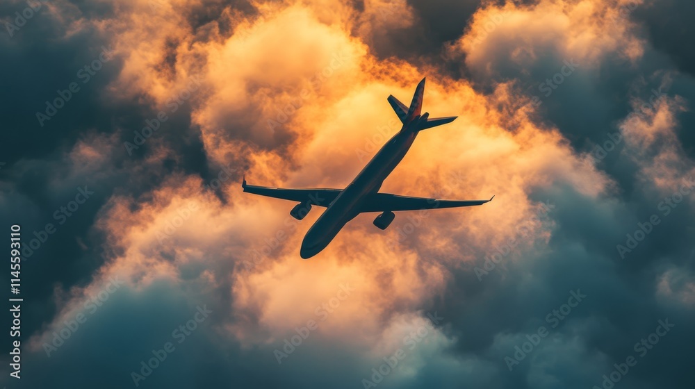 Plane in cloudy sky. Plane flight in cloudy sky. Plane in sky. Plane in sky at dawn