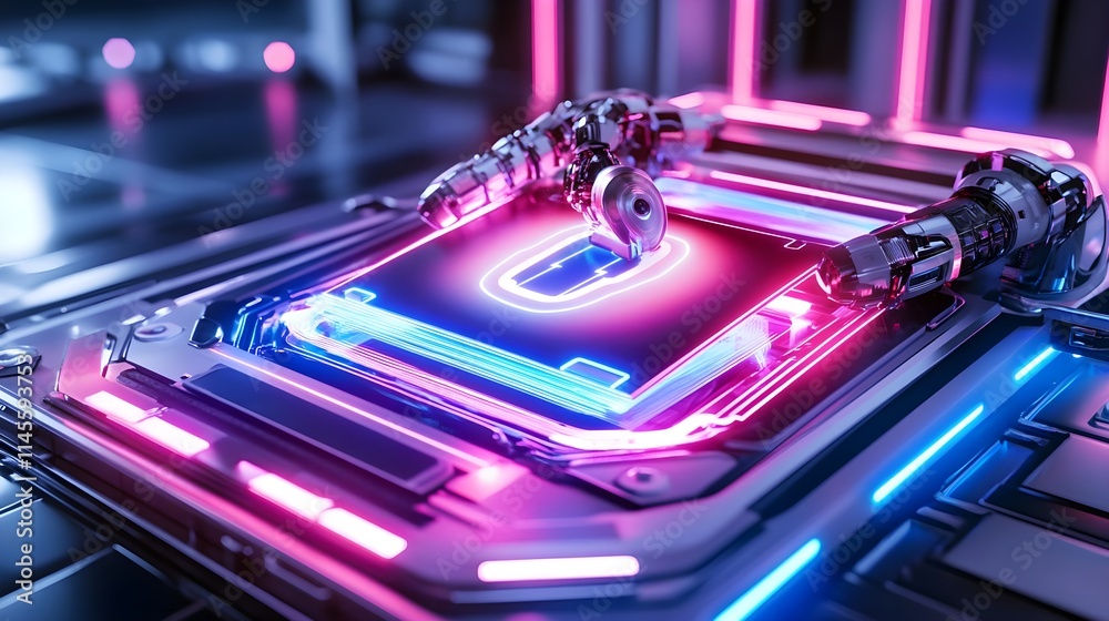 Fototapeta premium robotic arm & neon tech cpu chip - cyberpunk aesthetics