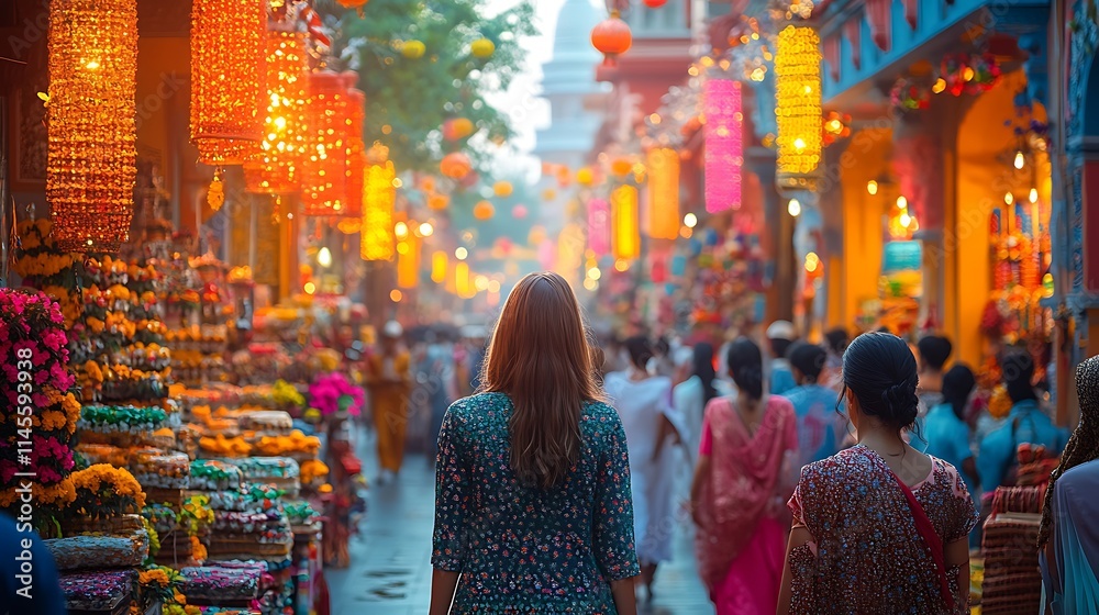 Woman Walks Through Vibrant Illuminated Indian Market Street Woman Walks Through Vibrant Illuminated Indian Market Street