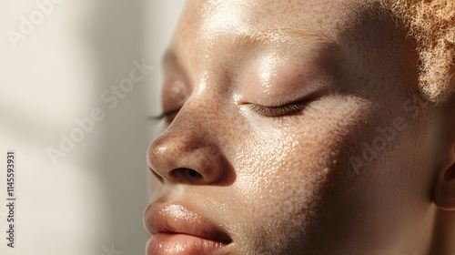 Close up of a woman with freckles and glowing skin