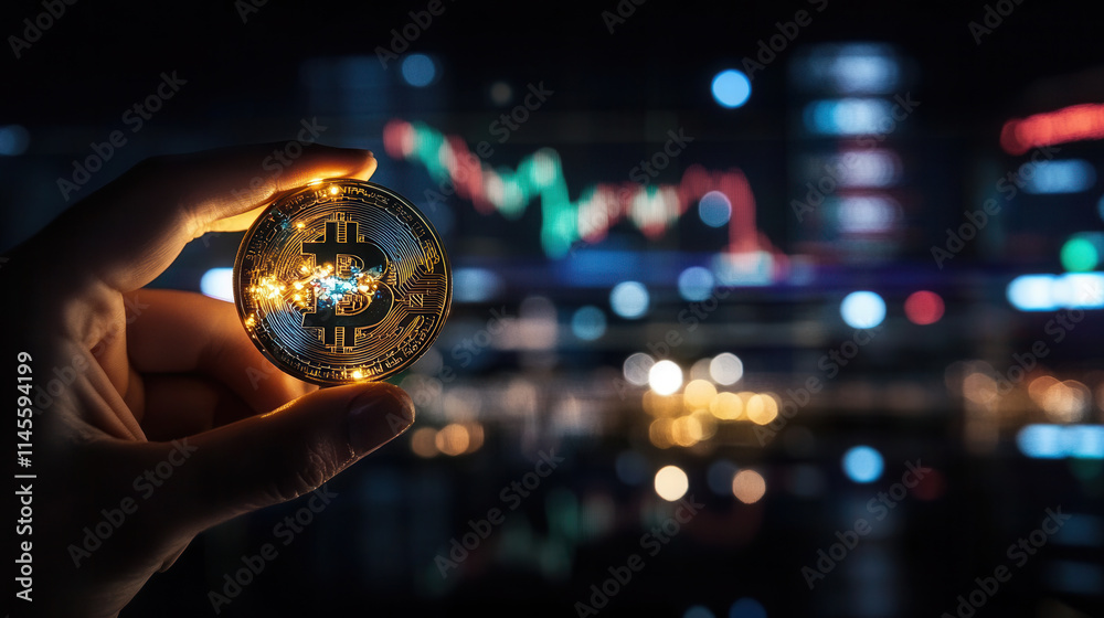 Fototapeta premium close up of hand holding shining gold Bitcoin coin, symbolizing wealth and investment in cryptocurrency