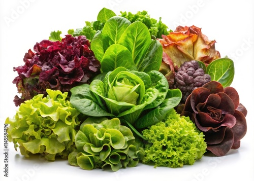 Fresh Salad Lettuce Varieties: Butterhead, Boston, Bibb, Buttercrunch, Tom Thumb, Arctic King - Isolated White Background photo