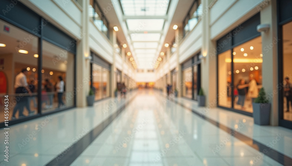 Blurred interior of modern shopping mall with shops and natural light from glass ceiling