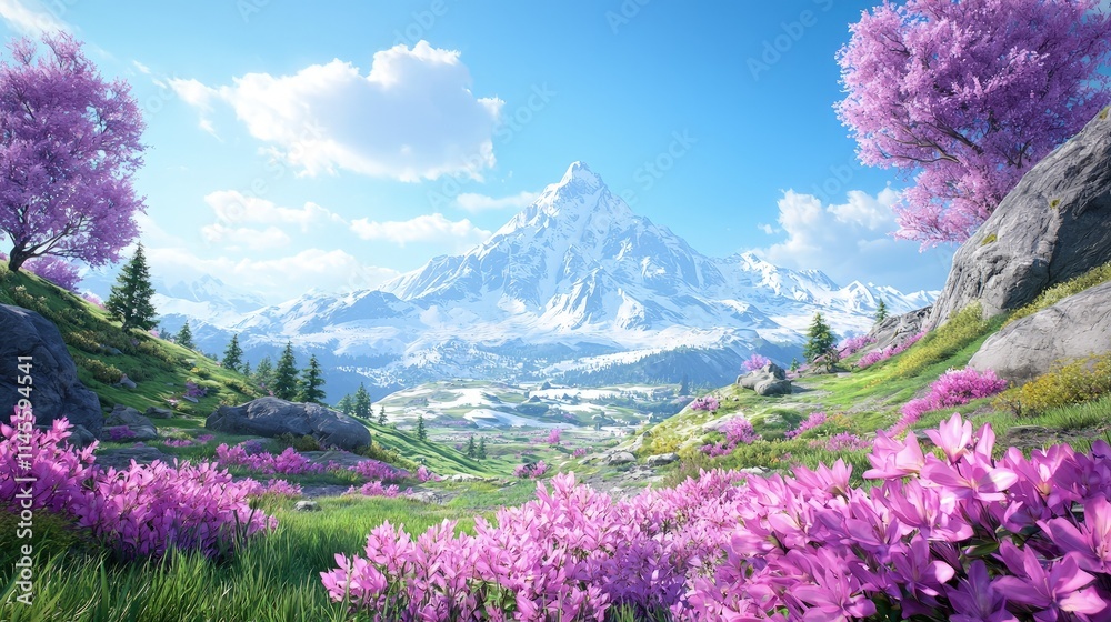 Idyllic spring mountain valley landscape with blooming pink flowers, green grass, and snow-capped peaks under a sunny sky. Idyllic spring mountain valley landscape with blooming pink flowers, green grass, and snow-capped peaks under a sunny sky.