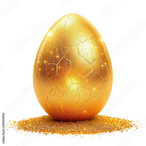 Golden dragon egg with mystical glow and shimmering dust, isolated fantasy object, stock photo