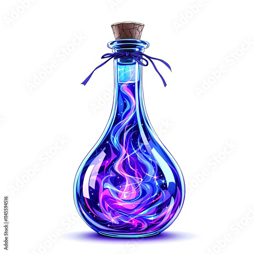 Glowing potion bottle with swirling liquid and cork seal, isolated on white background, fantasy theme, stock image