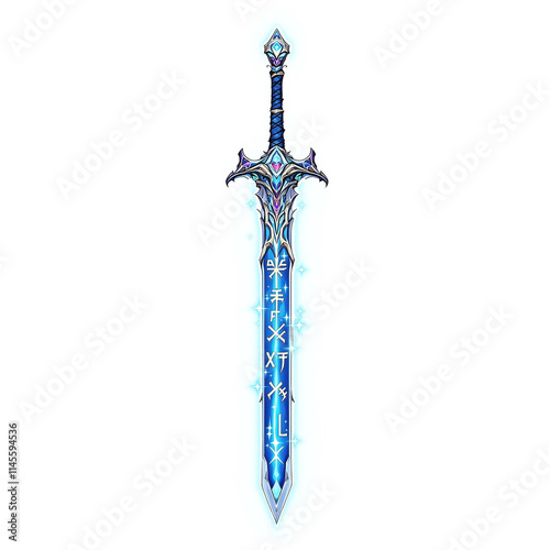 Enchanted sword with glowing blue blade and gemstone hilt, isolated fantasy object, stock photo