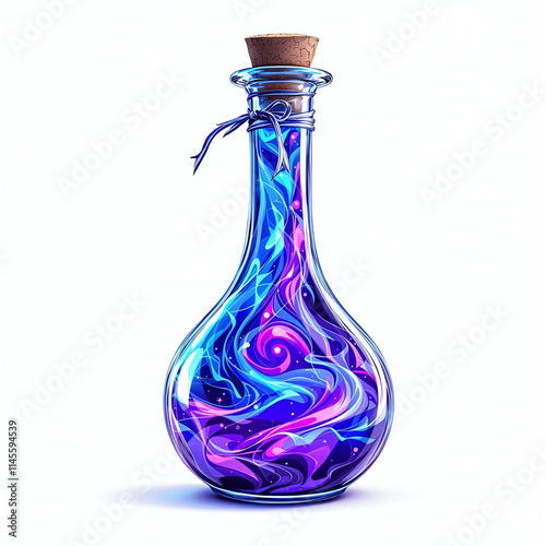 Fantasy potion bottle with vibrant glowing liquid, isolated white background, magical design, stock photo