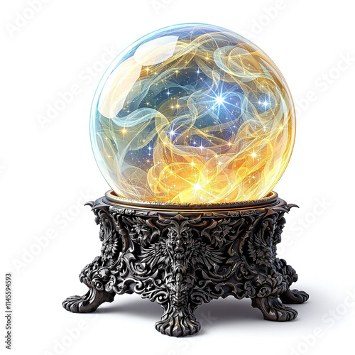 Enchanted crystal ball with glowing mist on ornate stand, isolated fantasy object, stock photo