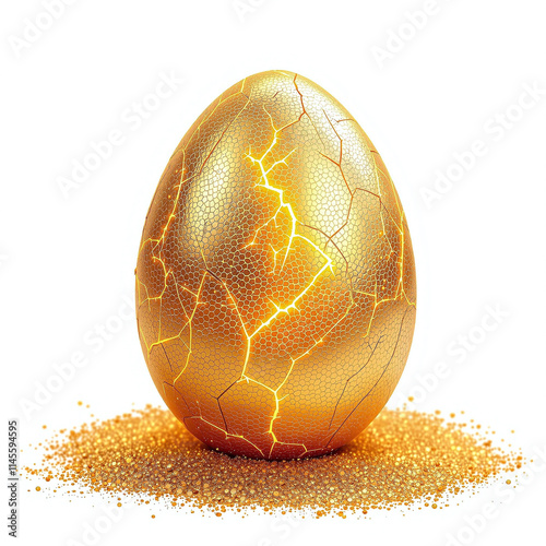 Mystical golden dragon egg on shimmering bed, isolated white background, fantasy-inspired, stock photo