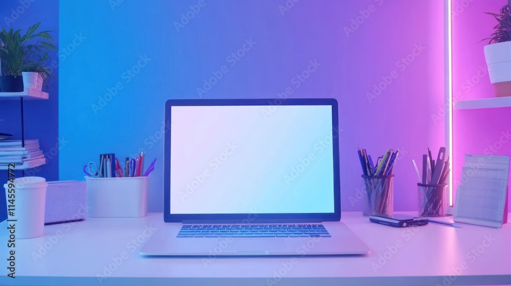 Modern Workspace Setup with Laptop and Neon Lights Modern Workspace Setup with Laptop and Neon Lights