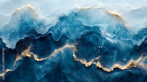Abstract blue and gold swirling cloudscape, resembling a textured, mountainous landscape.