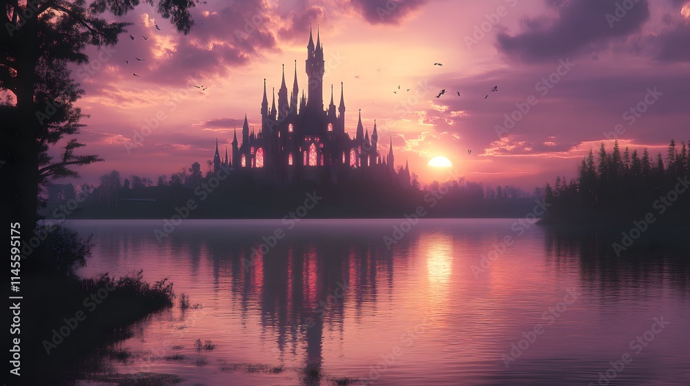 Majestic sunset over enchanted castle by serene lake fantasy landscape dreamy atmosphere Majestic sunset over enchanted castle by serene lake fantasy landscape dreamy atmosphere