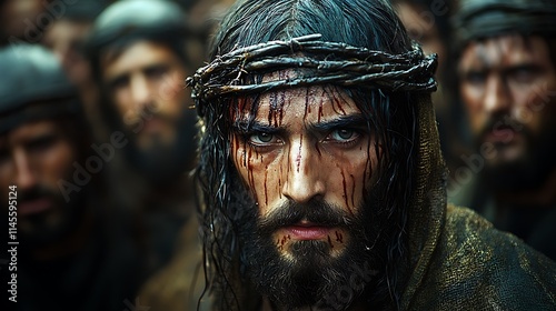 A Bloody Crowned Man Among A Crowd