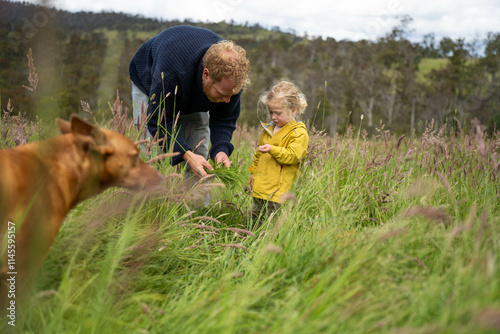 Photography regenerative organic farmer, taking soil samples and looking at plant growth in a farm