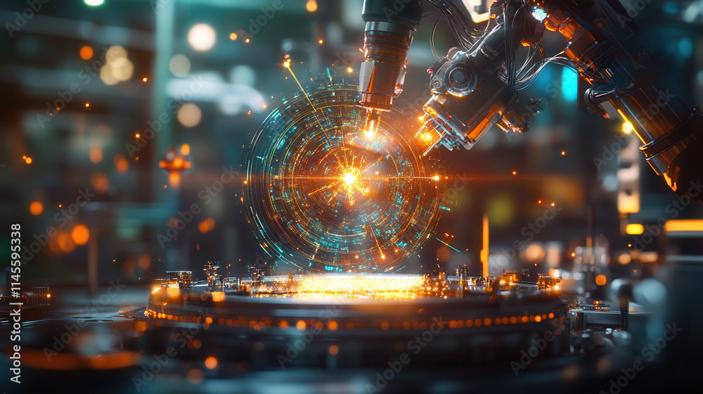 Futuristic AI powered factory with robotic arms creating energy orbs Futuristic AI powered factory with robotic arms creating energy orbs