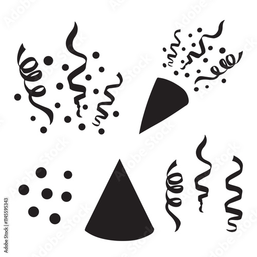 Party hat and popper with streamers and confetti. Firecracker and serpentine. Festive set of sihouette icon. Vector graphic illustration isoated. Birthday collection. Clipart for card, print, textile.
