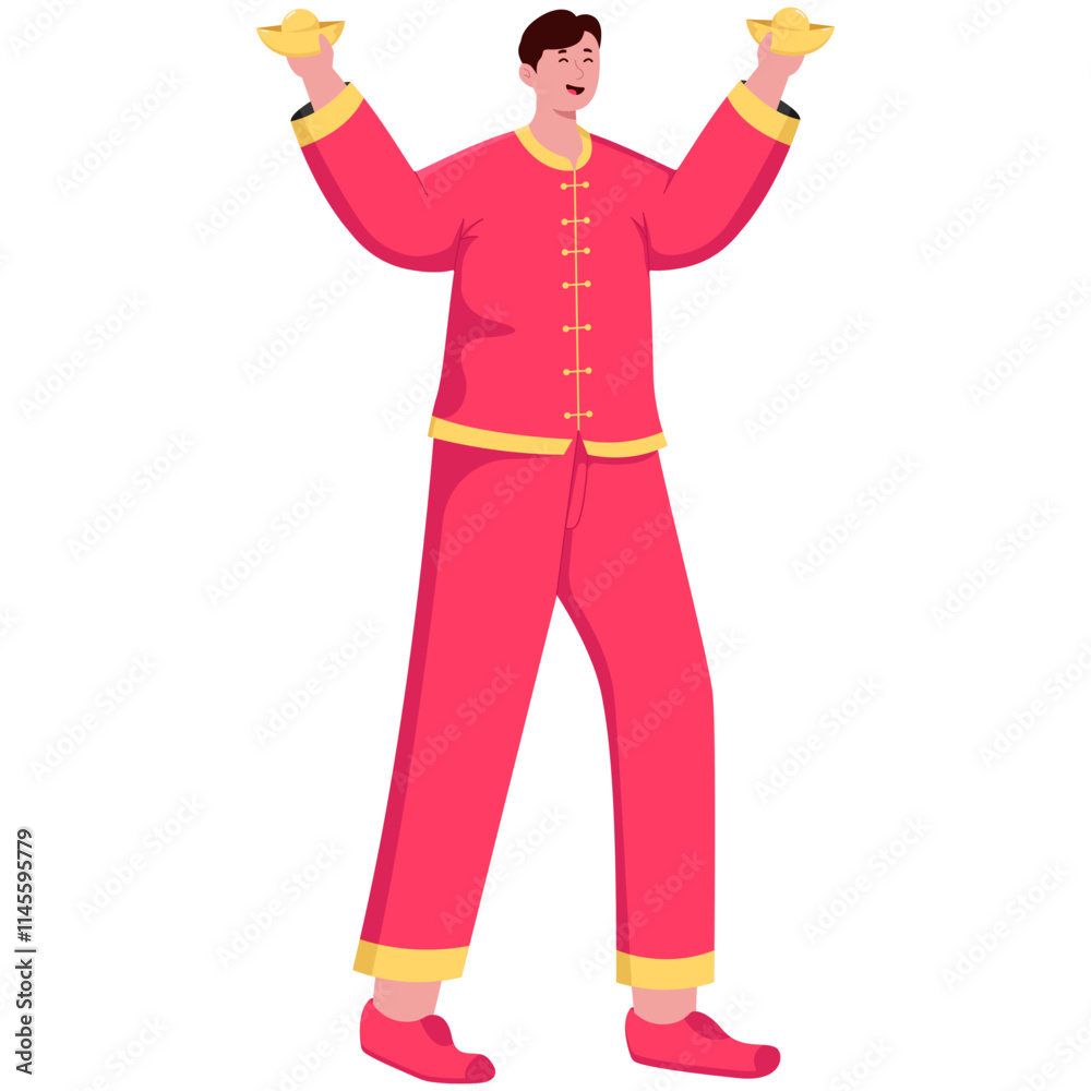 Chinese Man Playing Golden Boat Illustration Chinese Man Playing Golden Boat Illustration