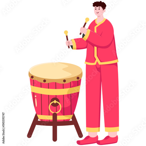 Chinese Man Playing Drums Illustration