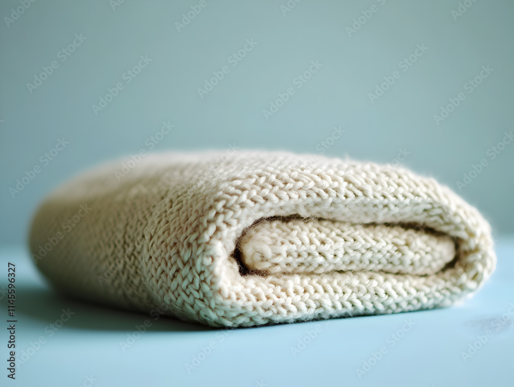 Fototapeta premium A white knitted blanket is folded up on a blue surface. The blanket is made of wool and has a soft texture. Concept of warmth and comfort, as the blanket is a cozy