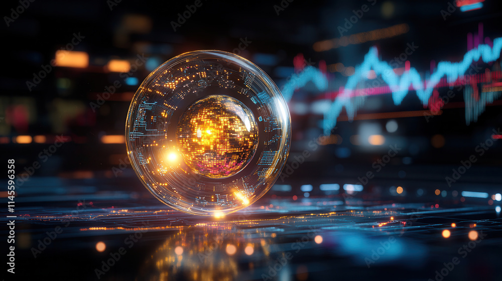 glowing sphere with digital patterns and stock market graphs in background, symbolizing technology and finance glowing sphere with digital patterns and stock market graphs in background, symbolizing technology and finance