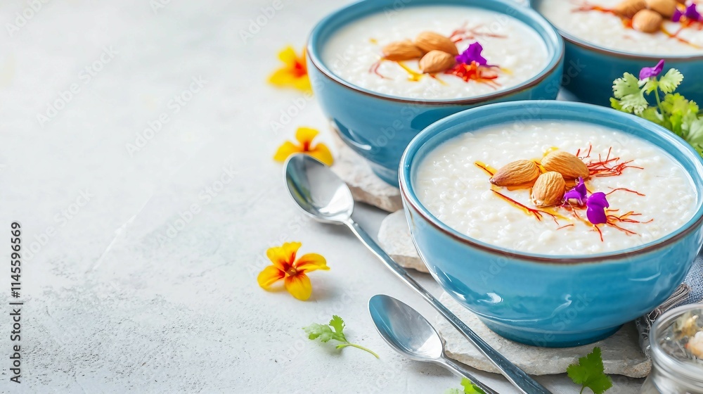 Creamy Dessert with Almonds and Floral Garnish in Blue Bowls Creamy Dessert with Almonds and Floral Garnish in Blue Bowls