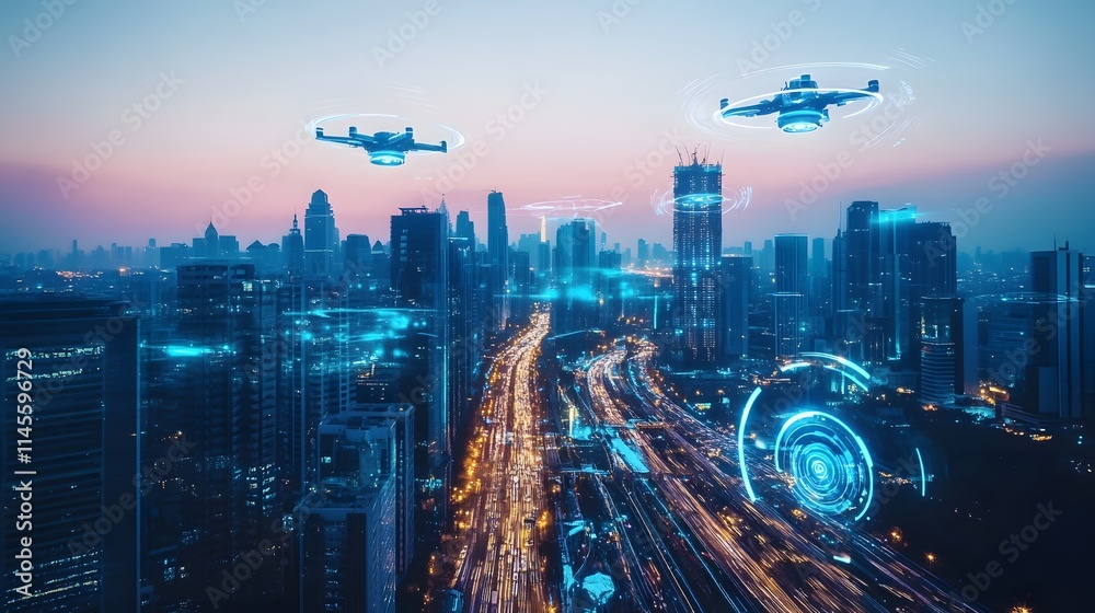 Drones monitoring urban traffic skyscraper skyline aerial photography evening twilight futuristic technology Drones monitoring urban traffic skyscraper skyline aerial photography evening twilight futuristic technology