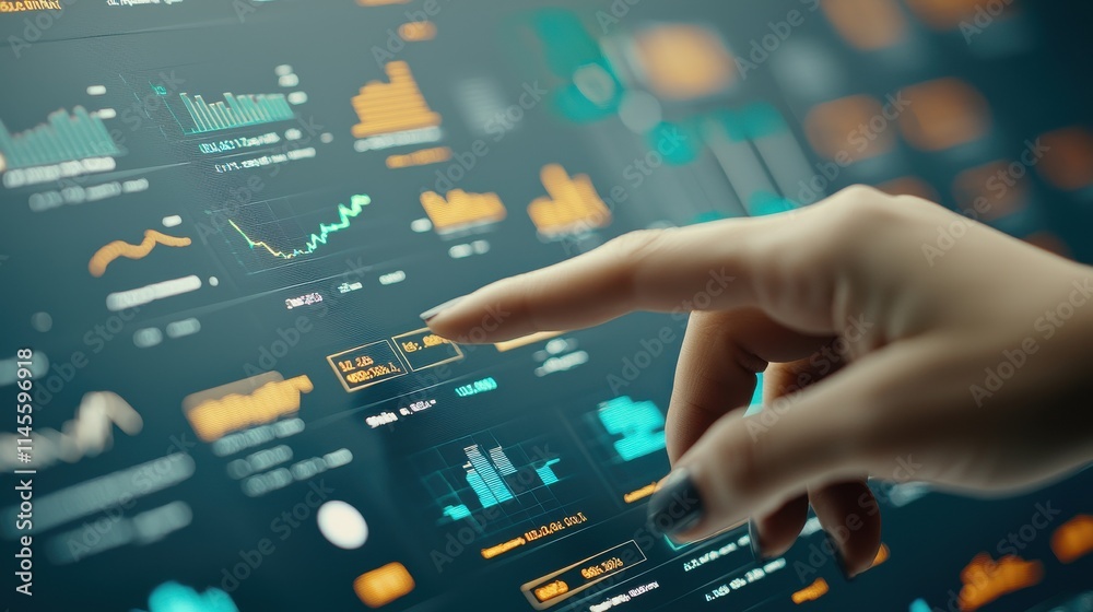 A hand interacts with a digital dashboard displaying various charts and data visualizations, emphasizing technology and analytics. A hand interacts with a digital dashboard displaying various charts and data visualizations, emphasizing technology and analytics.