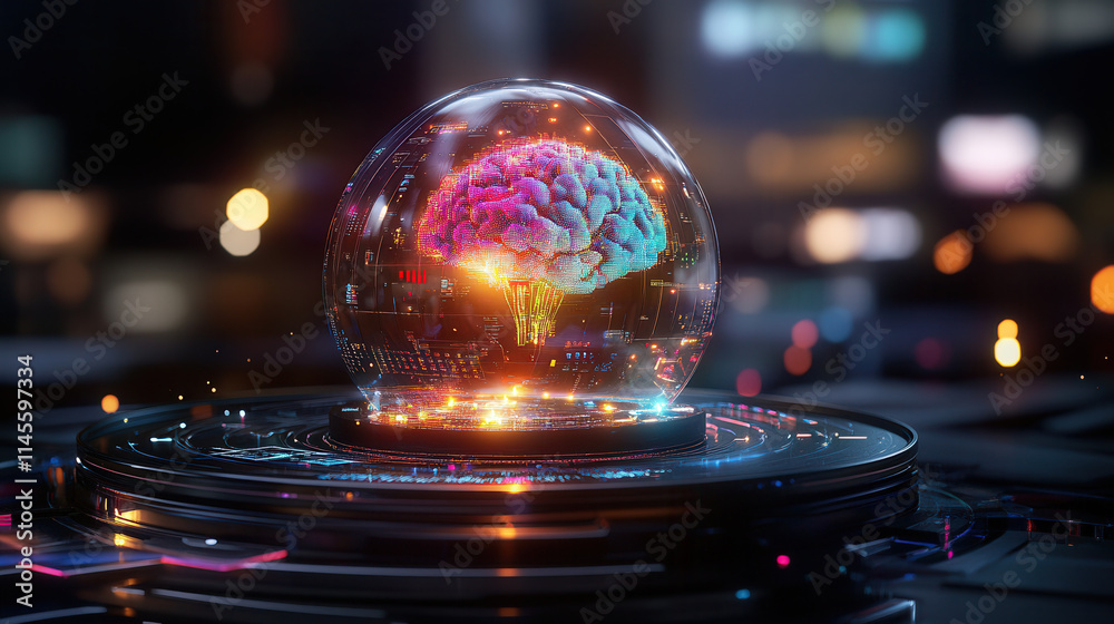 glowing holographic brain inside futuristic display, showcasing advanced technology and digital elements