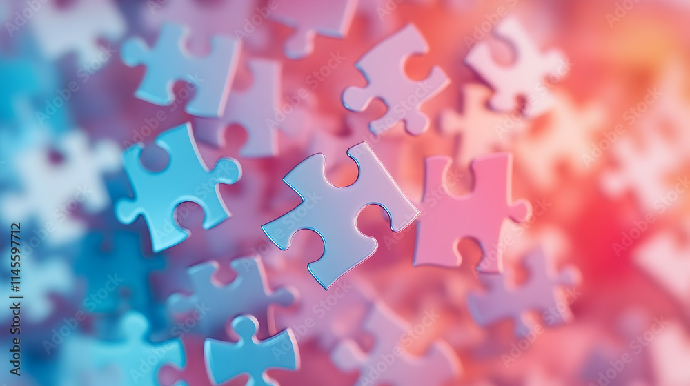 A jigsaw puzzle with pink pieces is shown in a blurry background. The puzzle pieces are scattered all over the image, creating a sense of chaos and disarray A jigsaw puzzle with pink pieces is shown in a blurry background. The puzzle pieces are scattered all over the image, creating a sense of chaos and disarray