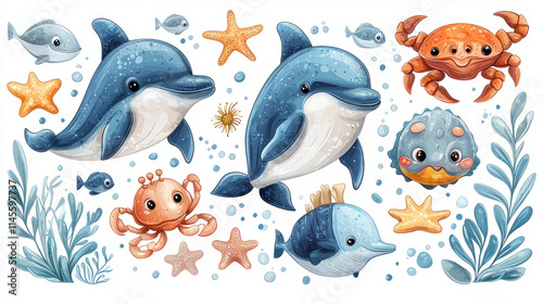 A charming collection of sea animals in cartoon vector style, with dolphins, crabs, starfish, and pufferfish, arranged neatly on an isolated background photo