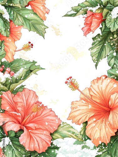 Beautiful Floral Frame Border with Hibiscus and Holly for Christmas Celebrations in Elegant Manga Style Artwork