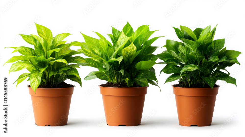 Three lush green potted plants arranged in a row.