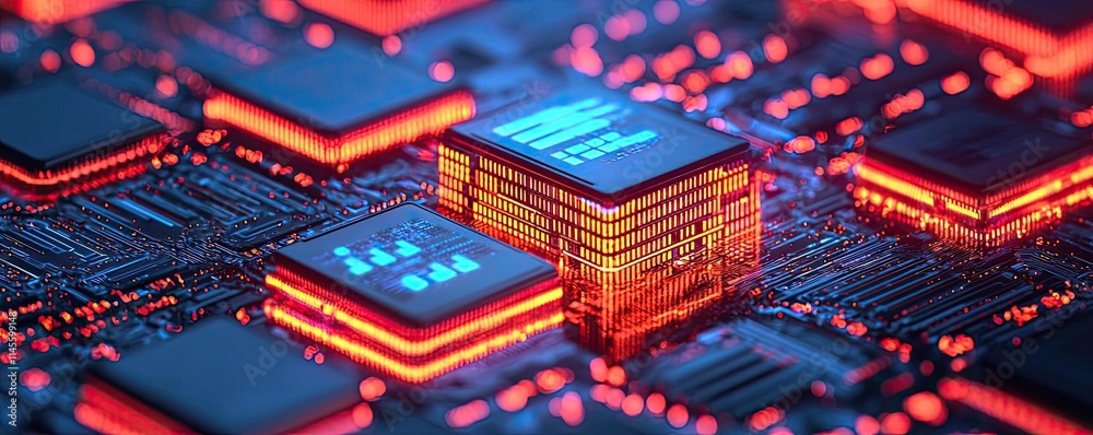 Capital cost concept. A close-up view of glowing computer processors on a circuit board. Capital cost concept. A close-up view of glowing computer processors on a circuit board.