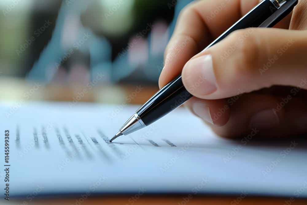 A person is writing on a piece of paper with a pen. Concept of focus and determination as the person carefully writes down their thoughts or ideas A person is writing on a piece of paper with a pen. Concept of focus and determination as the person carefully writes down their thoughts or ideas