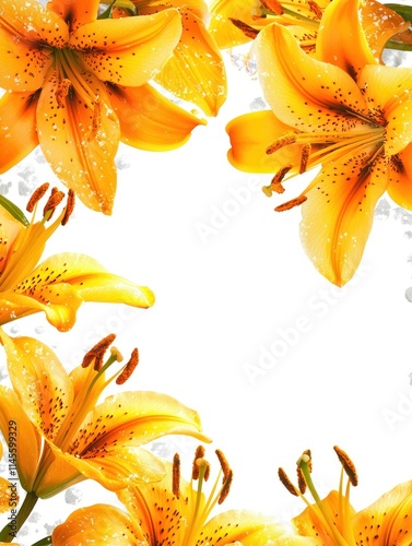 Vibrant Orange Lily Frame with Dew Drops Creating a Festive Background for Holiday Greetings Card or Seasonal Designs
