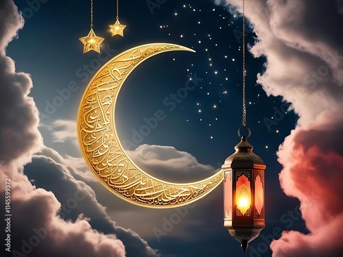 Ramadan Lantern decoration background 3d render. Crescent Moon and Lantern, eid mubarak background photo