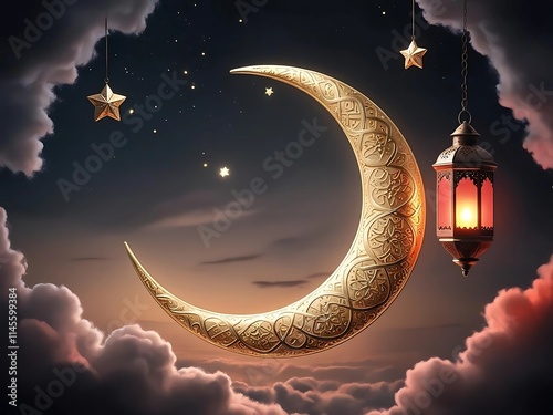 Ramadan Lantern decoration background 3d render. Crescent Moon and Lantern, eid mubarak background