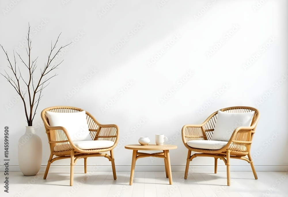 A minimalist living room with two wicker armchairs, a wooden coffee table, and a vase of branches on a white wall background A minimalist living room with two wicker armchairs, a wooden coffee table, and a vase of branches on a white wall background