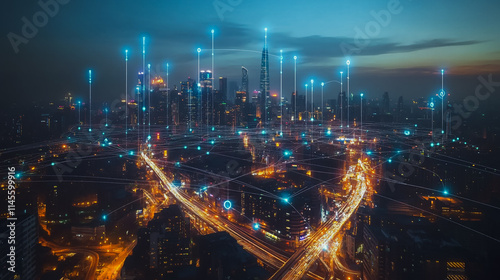Wallpaper Mural Smart digital city with connection cyber security network reciprocity over the cityscape . future smart wireless digital city and social media networking systems that connects people within the city Torontodigital.ca
