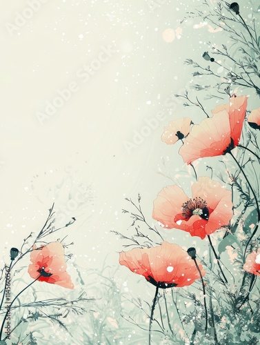 Beautiful Illustrated Floral Border with Delicate Pink Poppies Perfect for Christmas and Manga-Inspired Designs, Featuring Soft Colors and an Elegant Frame