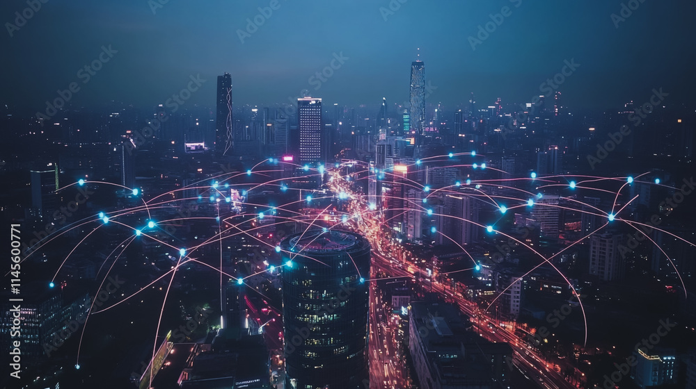 Fototapeta premium Smart digital city with connection cyber security network reciprocity over the cityscape . future smart wireless digital city and social media networking systems that connects people within the city