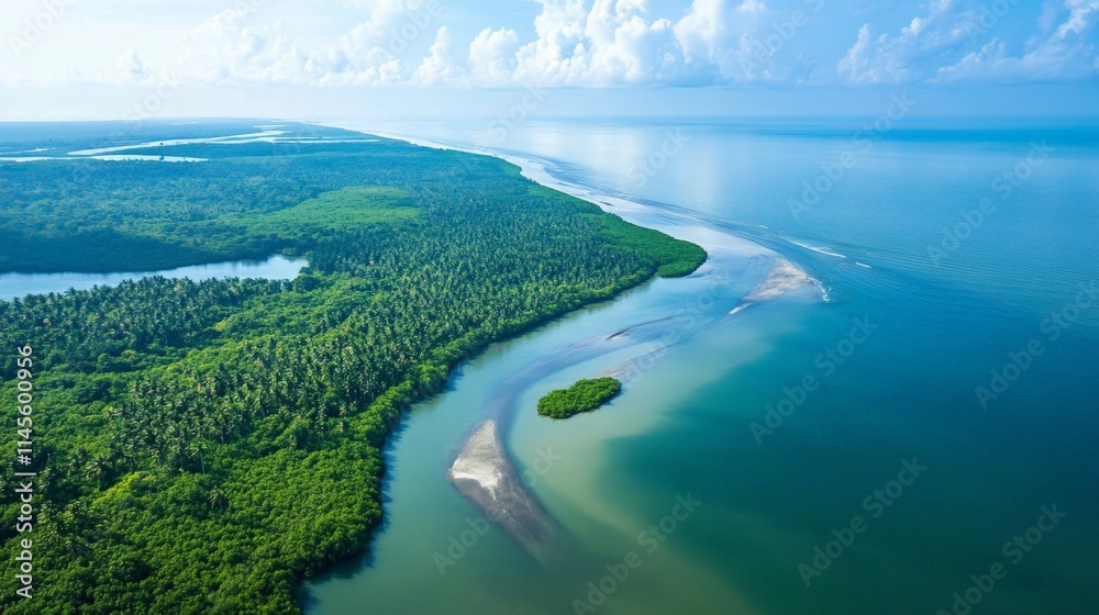 Aerial View of River Delta with Intricate Patterns and Lush Vegetation Aerial View of River Delta with Intricate Patterns and Lush Vegetation