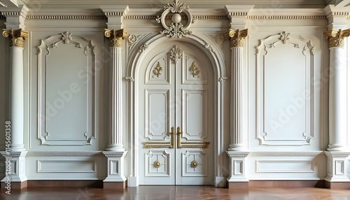 A grand, ornate wooden door with intricate carvings and decorative columns in a luxurious, classical architectural style