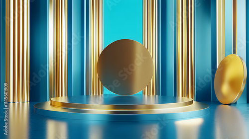 
3d rendering of Blue and gold abstract geometric background. Scene for advertising, technology, showcase, banner, game, sport, cosmetic, business, metaverse. Sci-Fi Illustration. Product display photo