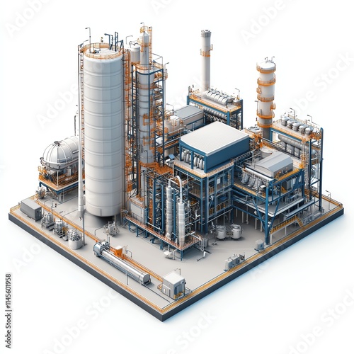 Industrial plant with large silos and machinery, white isolated background. photo