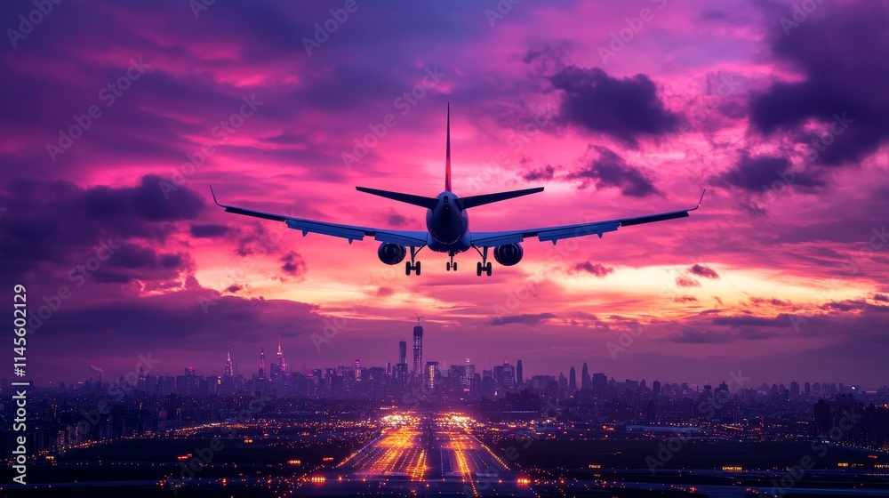 Airplane is flying in colorful sky over city at sunset. Landscape with passenger airplane, skyline, purple sky with red and pink clouds at dusk. Aircraft is landing at twilight. Aerial view of plane Airplane is flying in colorful sky over city at sunset. Landscape with passenger airplane, skyline, purple sky with red and pink clouds at dusk. Aircraft is landing at twilight. Aerial view of plane