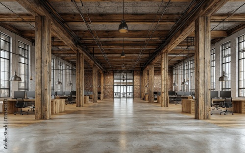 Spacious industrial-style office interior with exposed wooden beams, brick walls, large windows, and polished concrete floors.  Modern workstations are arranged along the sides.
